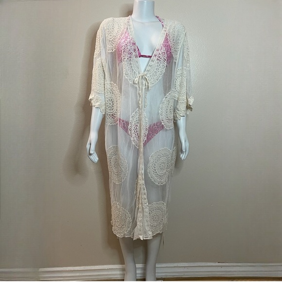 Cream embroidered mandala lace beach cover up kimono